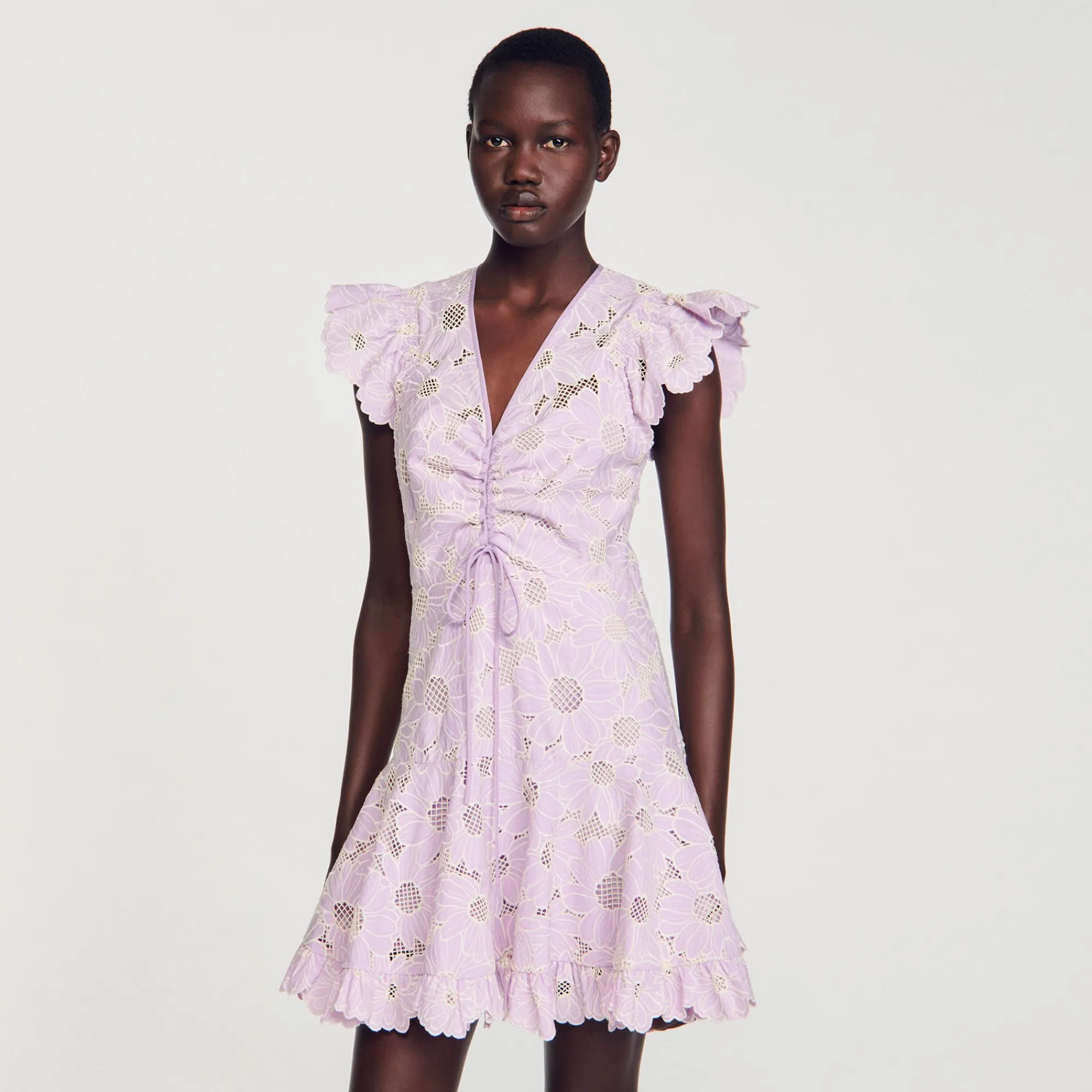 Mulheres Sandro Paris Vestido Curto Guipura Com Margaridas