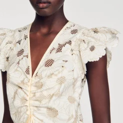 Mulheres Sandro Paris Vestido Curto Guipura Com Margaridas