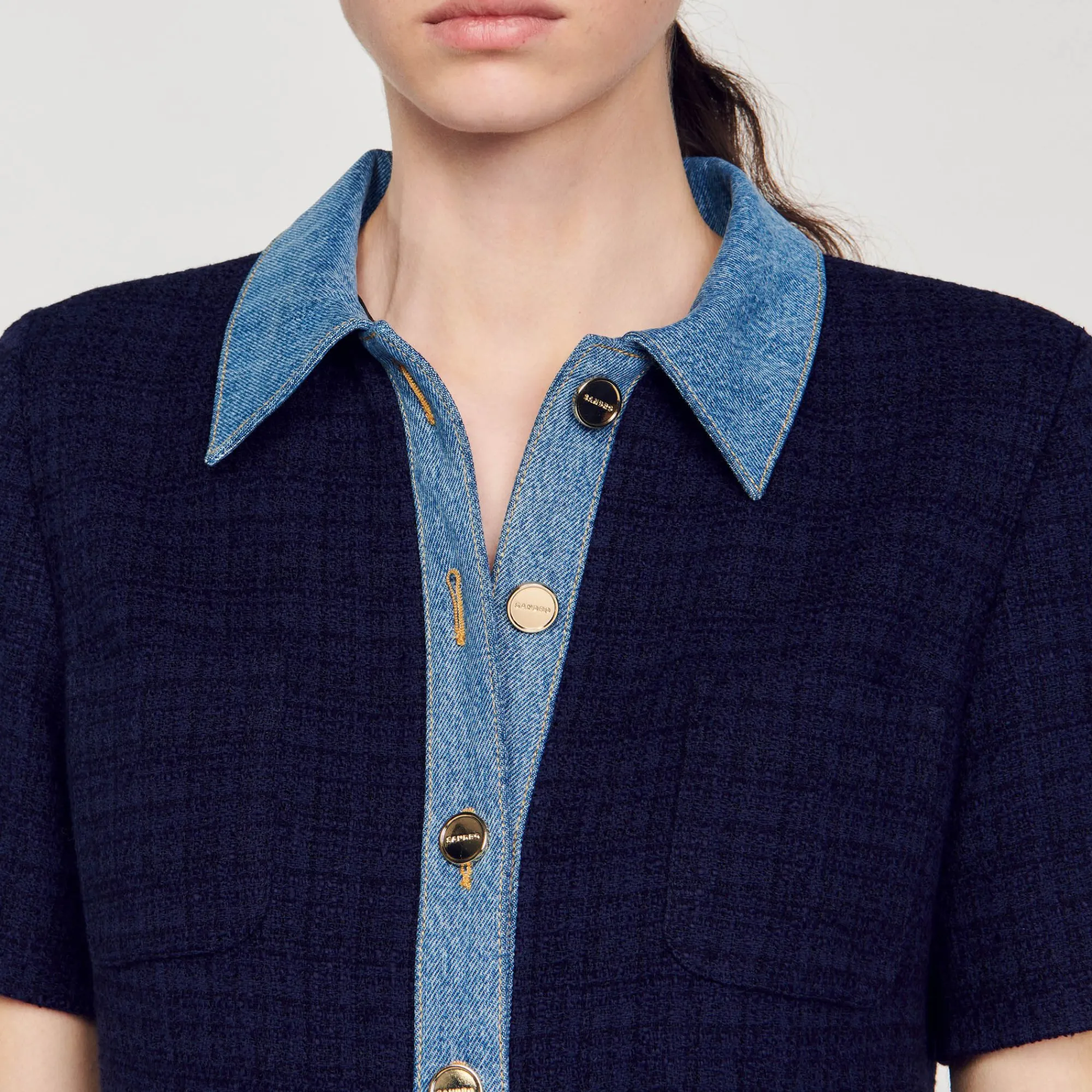 Mulheres Sandro Paris Vestido Curto Jeans E Tweed