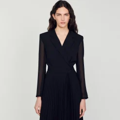 Mulheres Sandro Paris Vestido De Manga Comprida Bimaterial