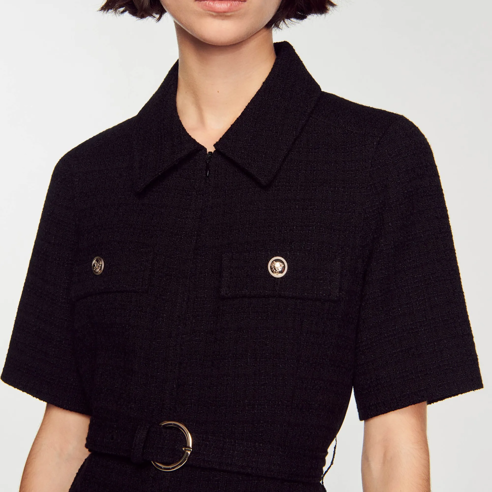 Mulheres Sandro Paris Vestido De Manga Curta Bimaterial