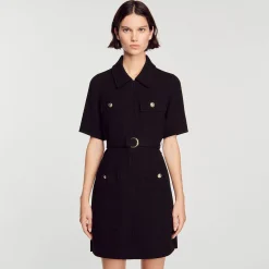 Mulheres Sandro Paris Vestido De Manga Curta Bimaterial