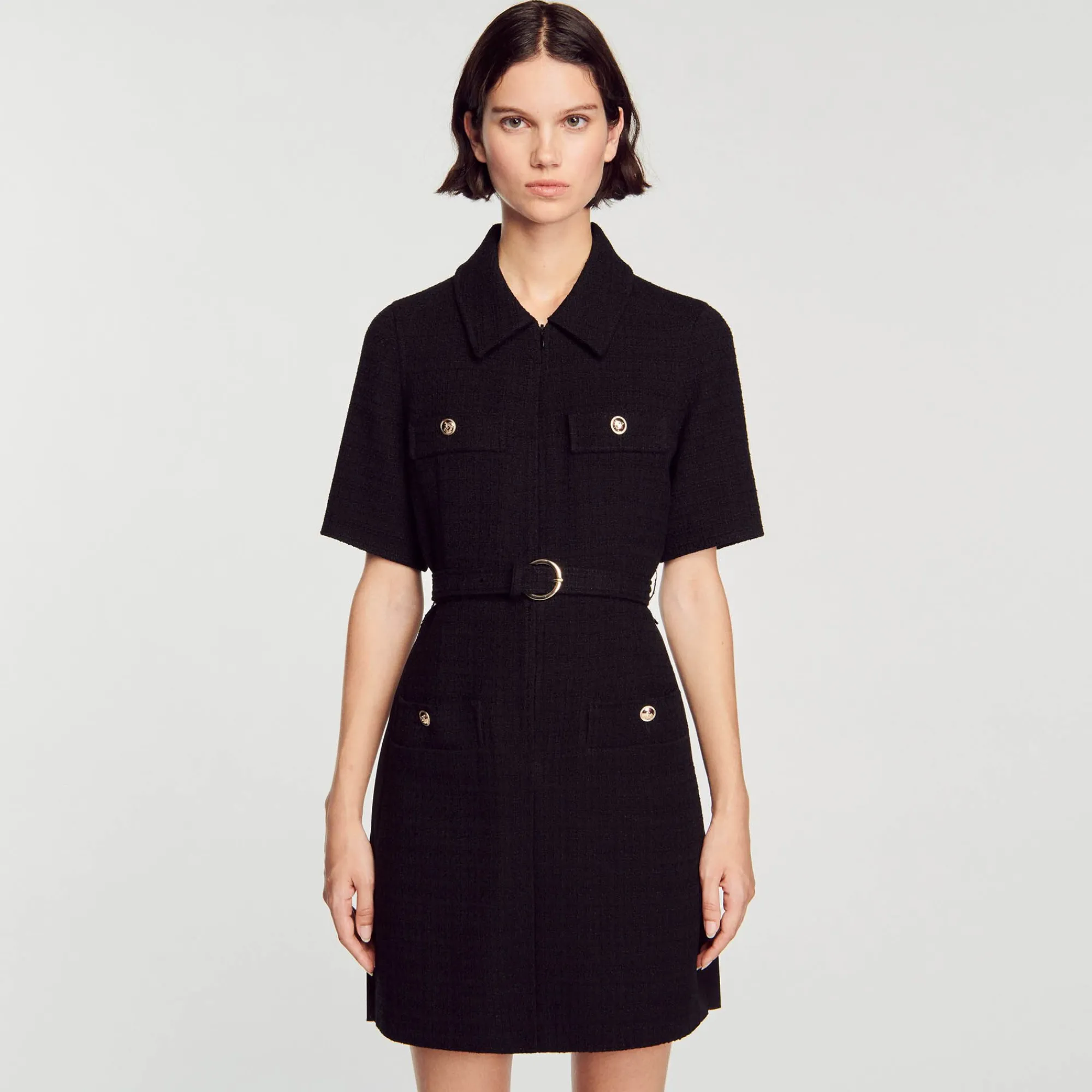 Mulheres Sandro Paris Vestido De Manga Curta Bimaterial