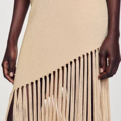 Mulheres Sandro Paris Vestido Longo Assimetrico Com Franjas