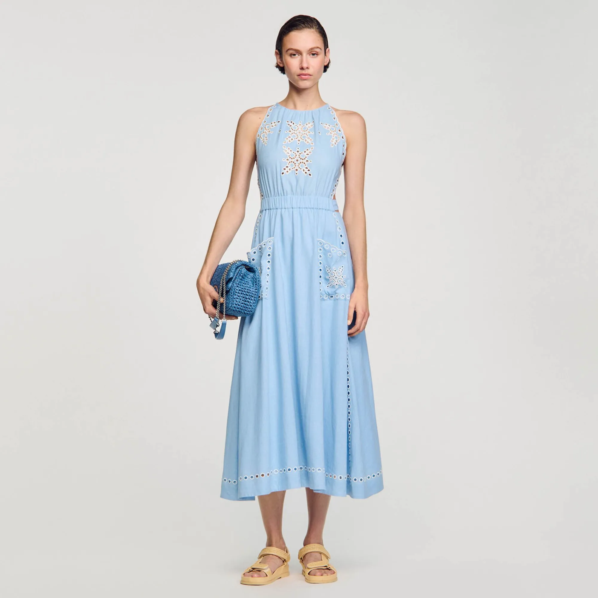 Mulheres Sandro Paris Vestido Longo Com Bordado Ingles