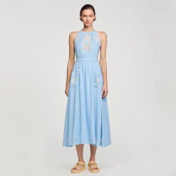 Mulheres Sandro Paris Vestido Longo Com Bordado Ingles