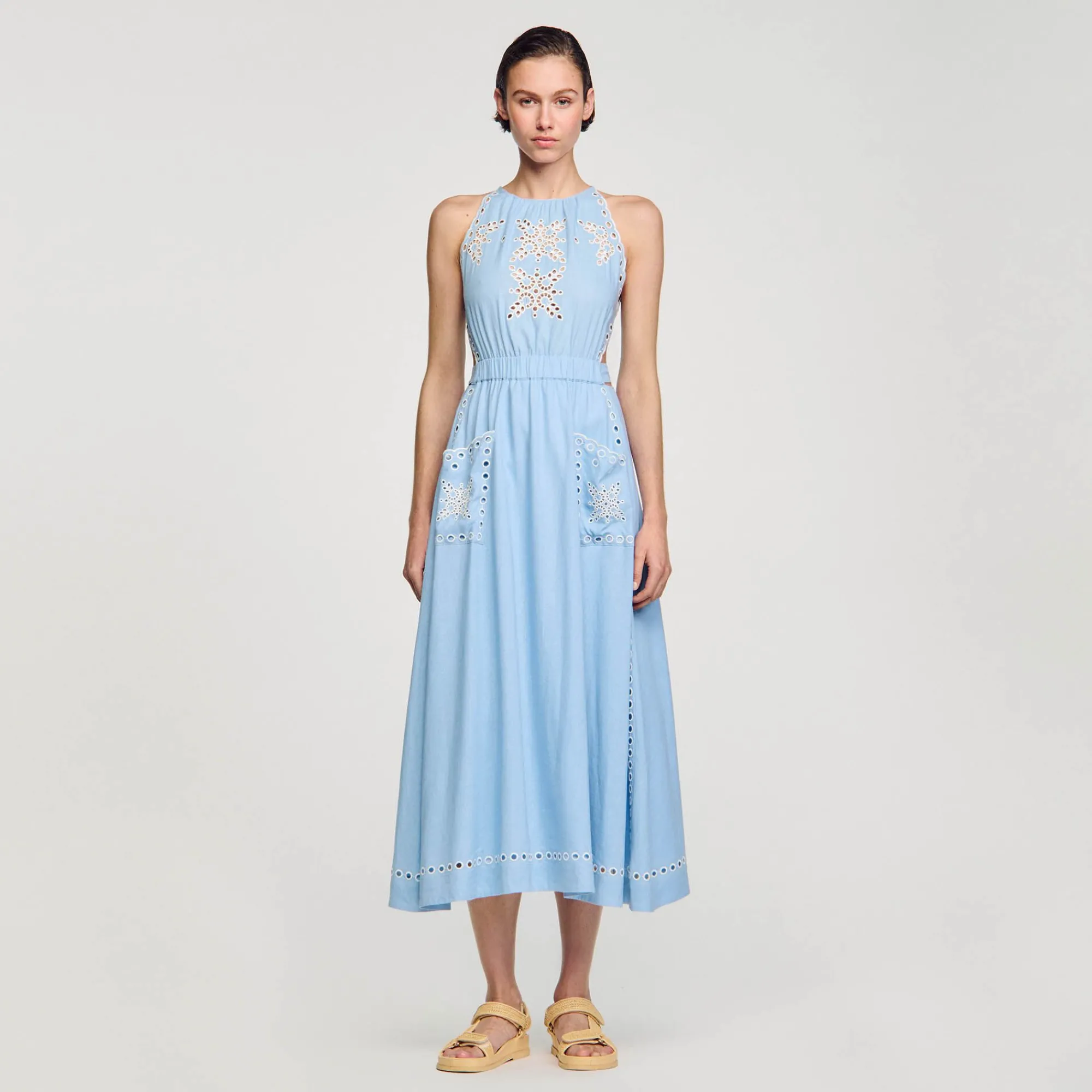 Mulheres Sandro Paris Vestido Longo Com Bordado Ingles