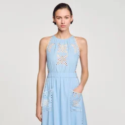 Mulheres Sandro Paris Vestido Longo Com Bordado Ingles