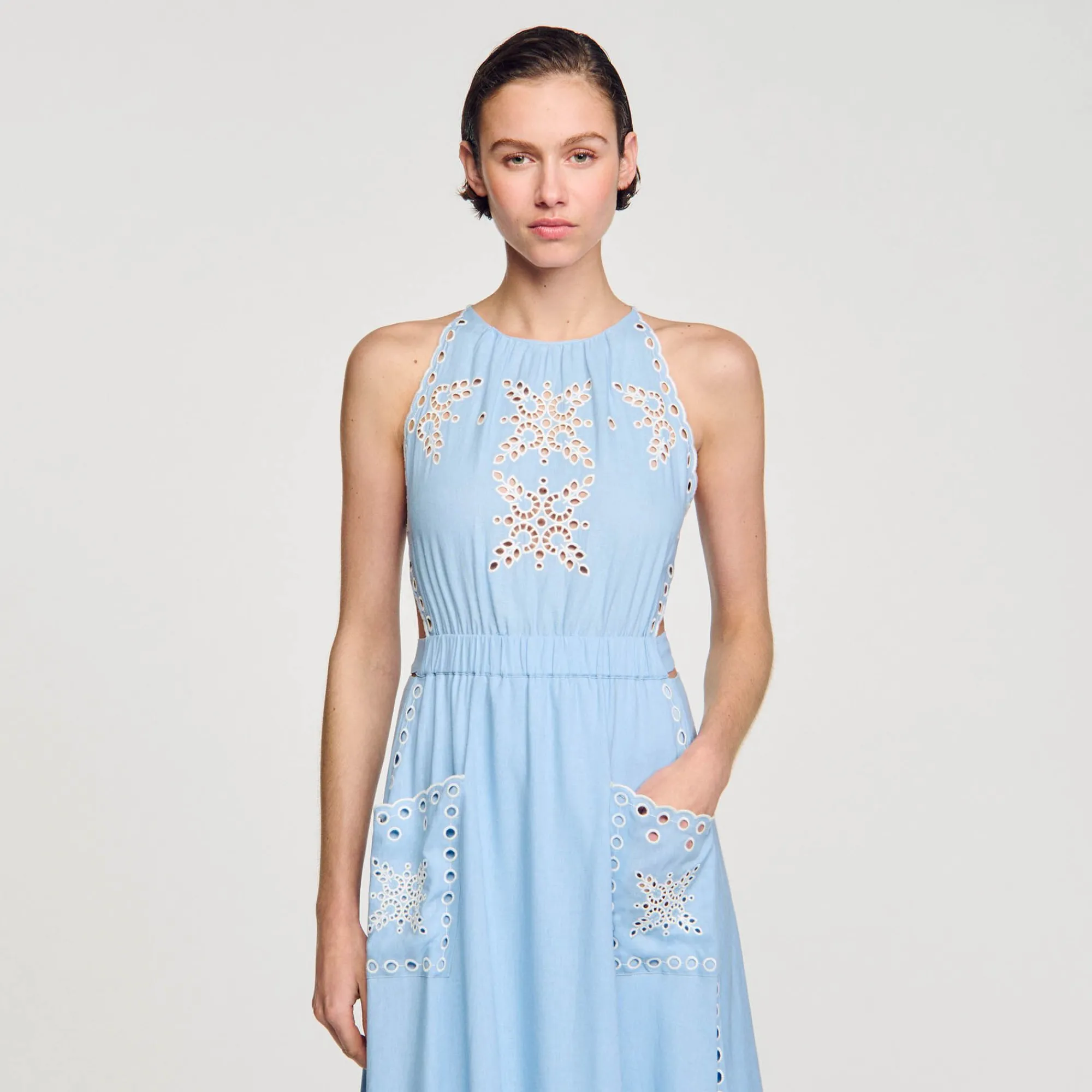 Mulheres Sandro Paris Vestido Longo Com Bordado Ingles