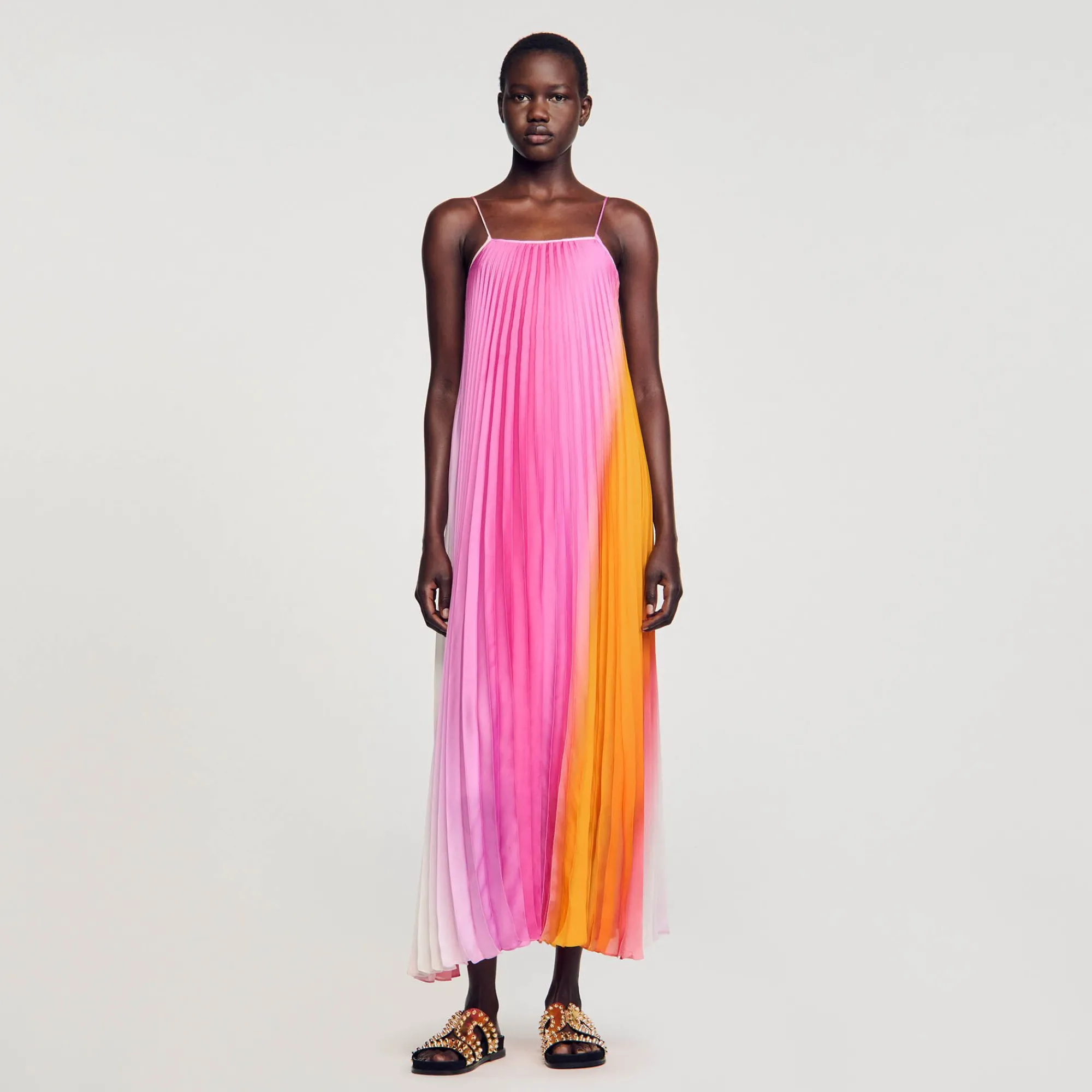 Mulheres Sandro Paris Vestido Longo Com Pregas Em Leque