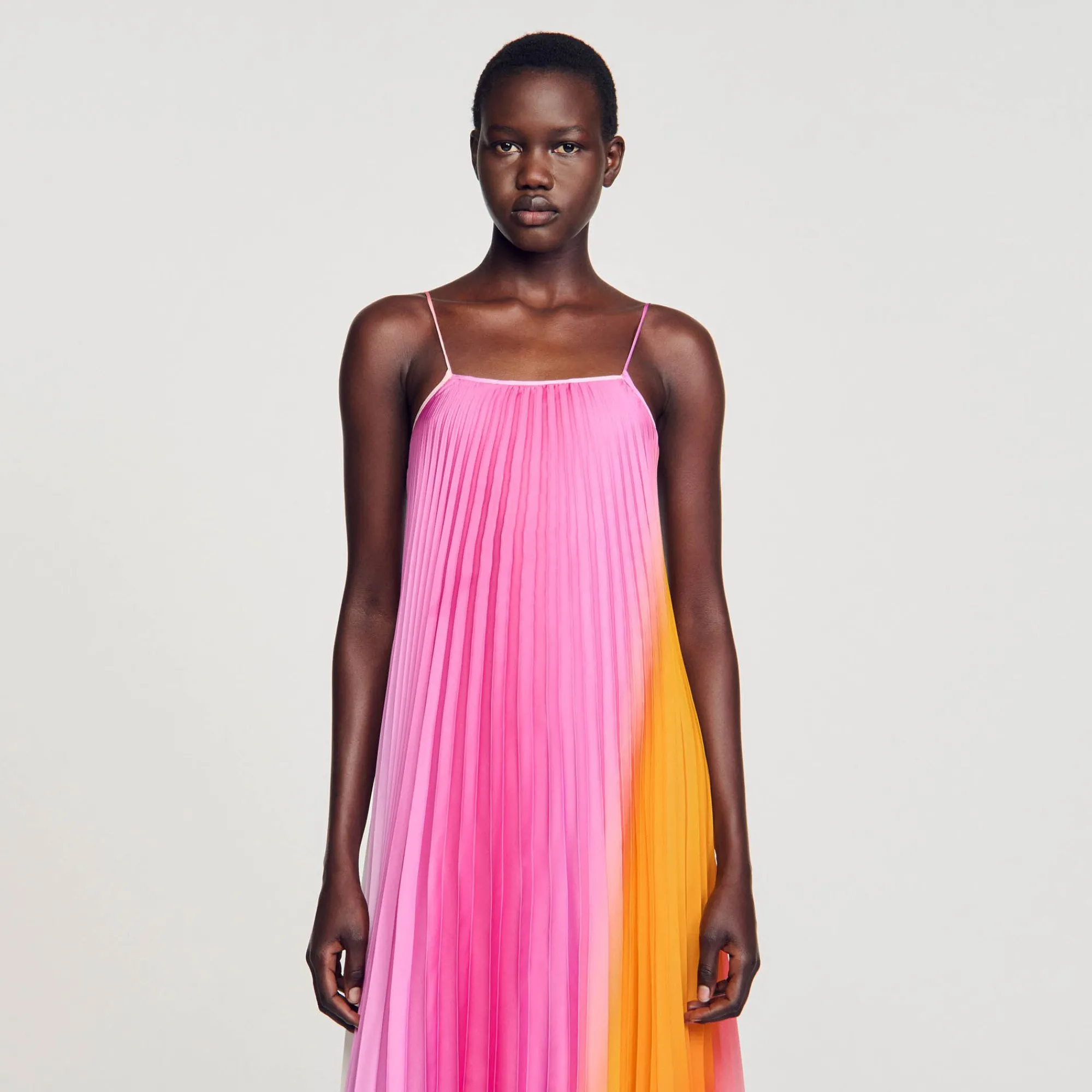 Mulheres Sandro Paris Vestido Longo Com Pregas Em Leque