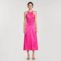 Mulheres Sandro Paris Vestido Longo De Cetim E Franzido