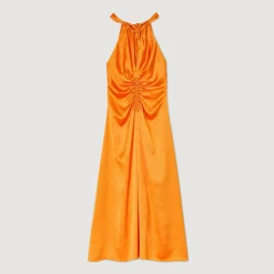 Mulheres Sandro Paris Vestido Longo De Cetim E Franzido