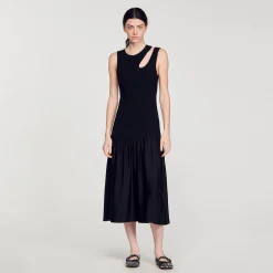 Mulheres Sandro Paris Vestido Longo De Dois Materiais