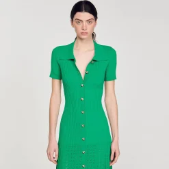 Mulheres Sandro Paris Vestido Longo De Malha Canelada