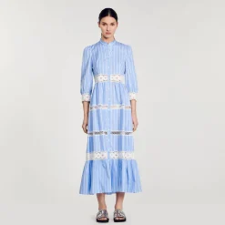 Mulheres Sandro Paris Vestido Longo Listrado De Algodao