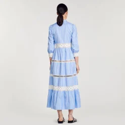 Mulheres Sandro Paris Vestido Longo Listrado De Algodao