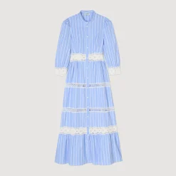 Mulheres Sandro Paris Vestido Longo Listrado De Algodao
