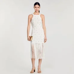 Mulheres Sandro Paris Vestido Midi Com Franjas