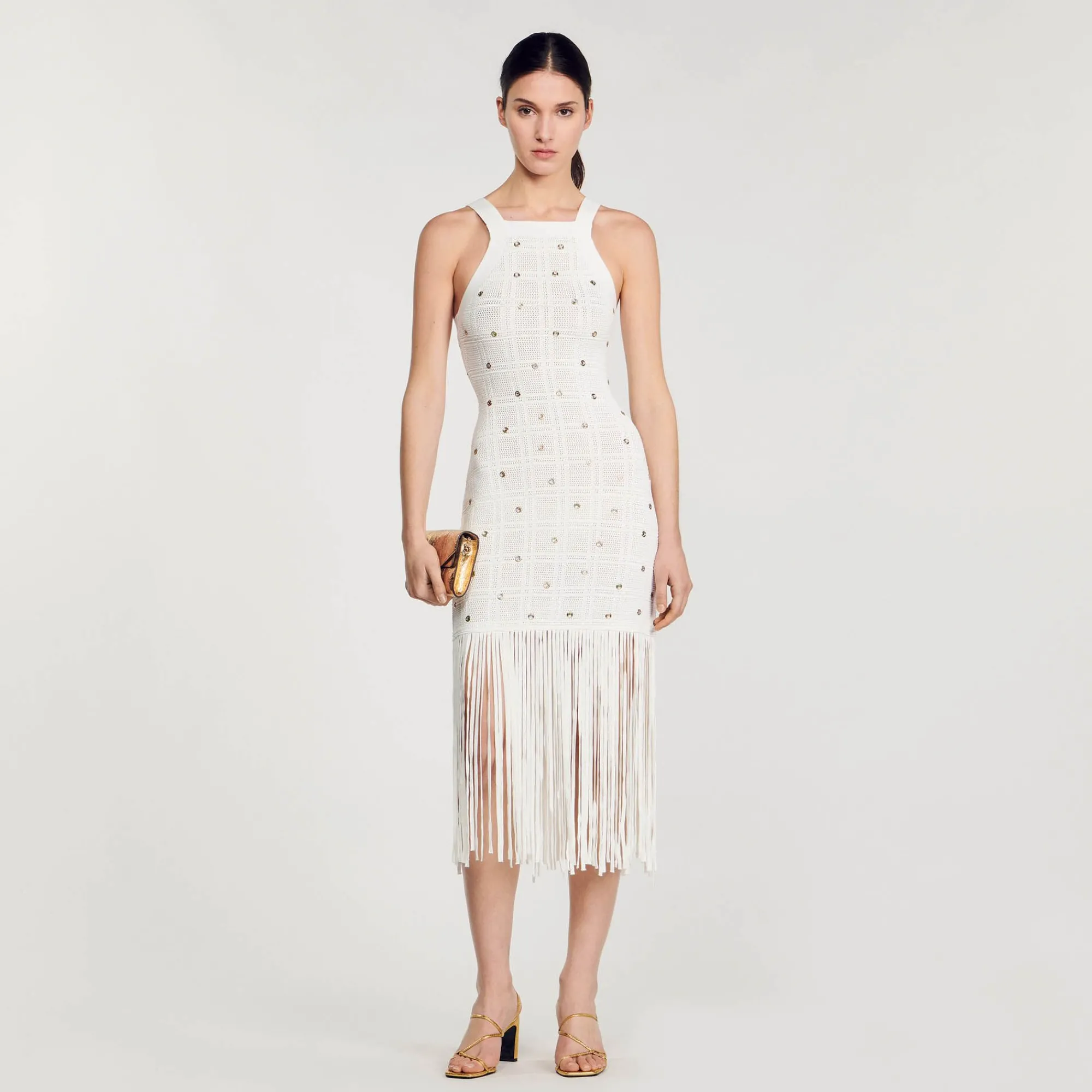 Mulheres Sandro Paris Vestido Midi Com Franjas