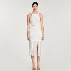 Mulheres Sandro Paris Vestido Midi Com Franjas
