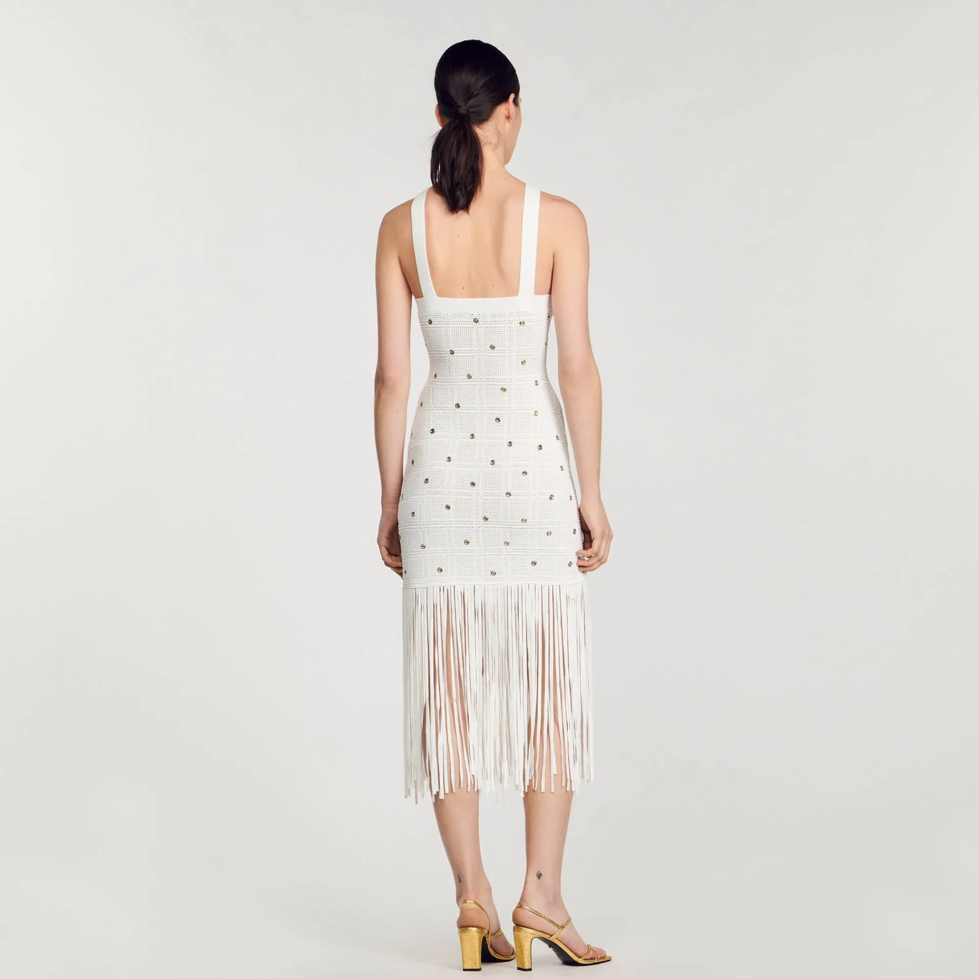 Mulheres Sandro Paris Vestido Midi Com Franjas