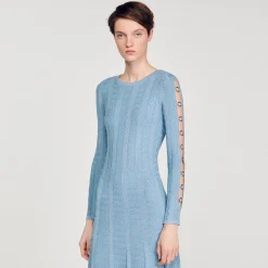 Mulheres Sandro Paris Vestido Midi De Malha Com Mangas Compridas
