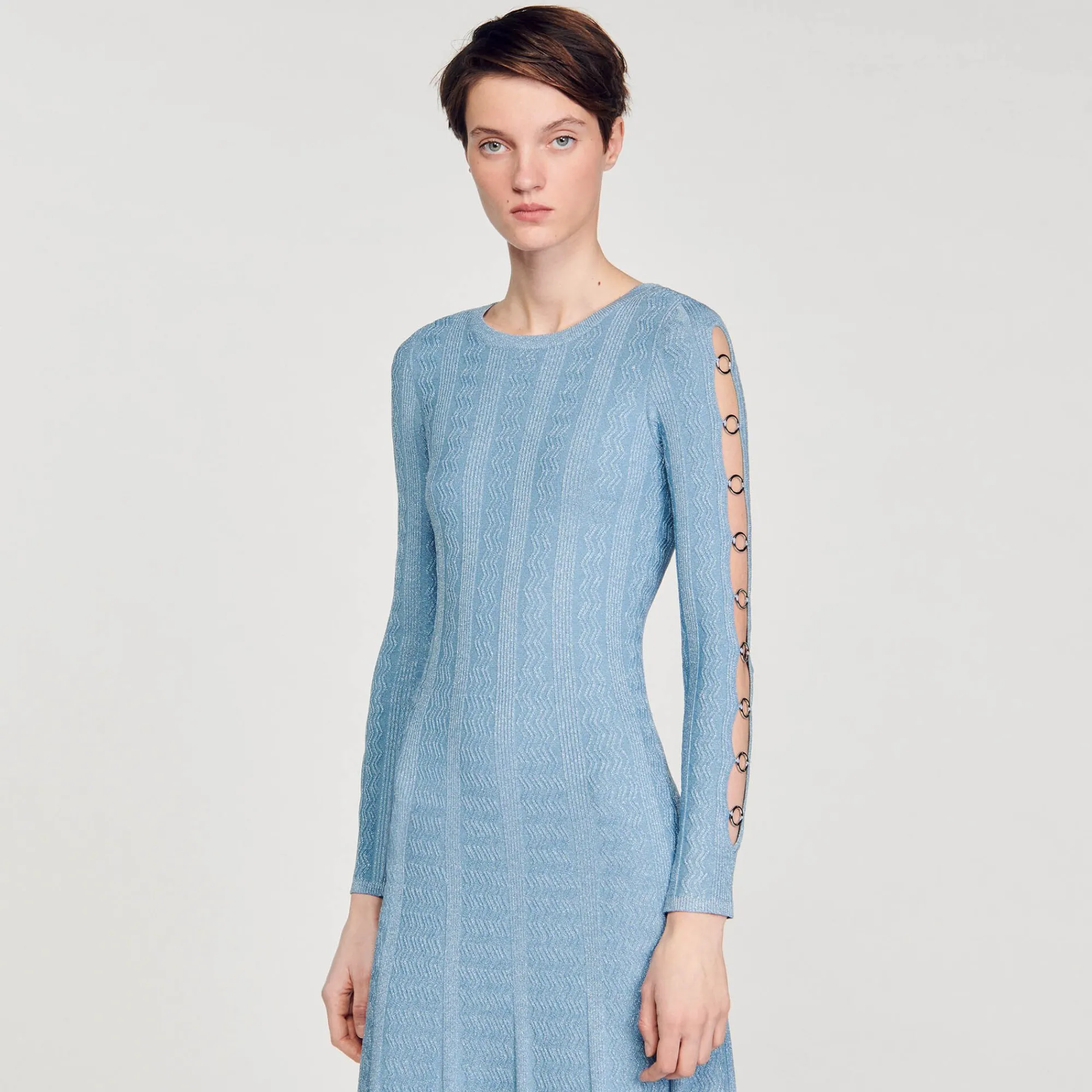 Mulheres Sandro Paris Vestido Midi De Malha Com Mangas Compridas