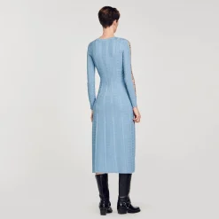 Mulheres Sandro Paris Vestido Midi De Malha Com Mangas Compridas