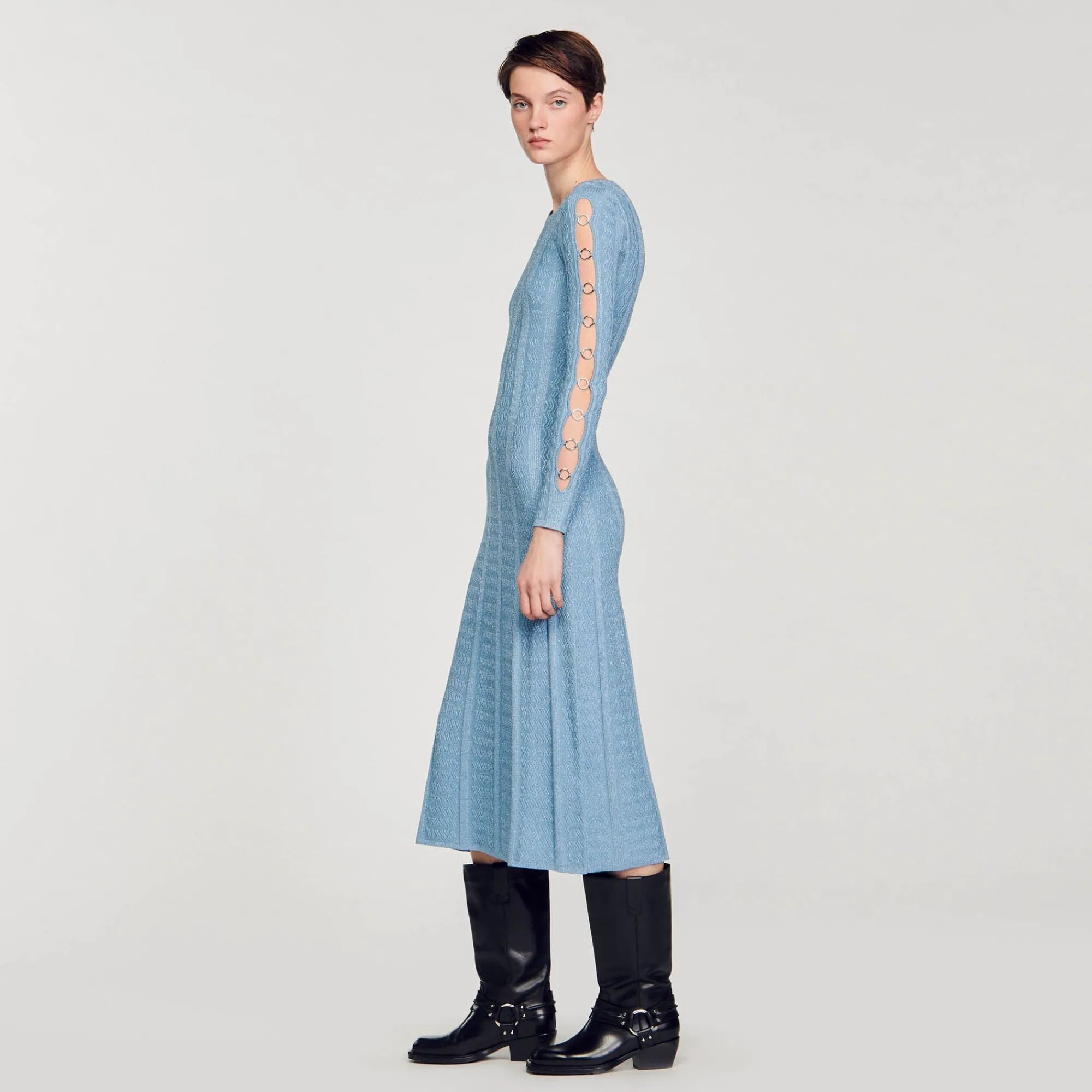 Mulheres Sandro Paris Vestido Midi De Malha Com Mangas Compridas