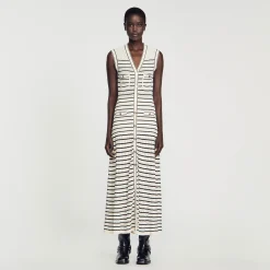 Mulheres Sandro Paris Vestido Midi Em Malha Listrada