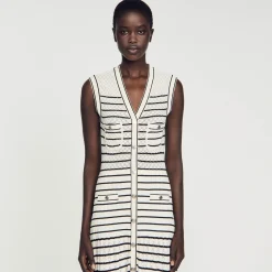 Mulheres Sandro Paris Vestido Midi Em Malha Listrada