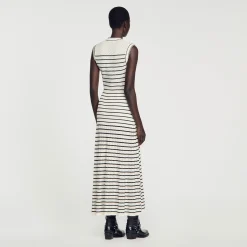 Mulheres Sandro Paris Vestido Midi Em Malha Listrada