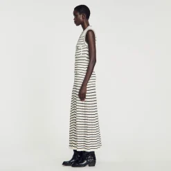 Mulheres Sandro Paris Vestido Midi Em Malha Listrada