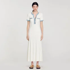 Mulheres Sandro Paris Vestido Midi Em Trico E Jeans