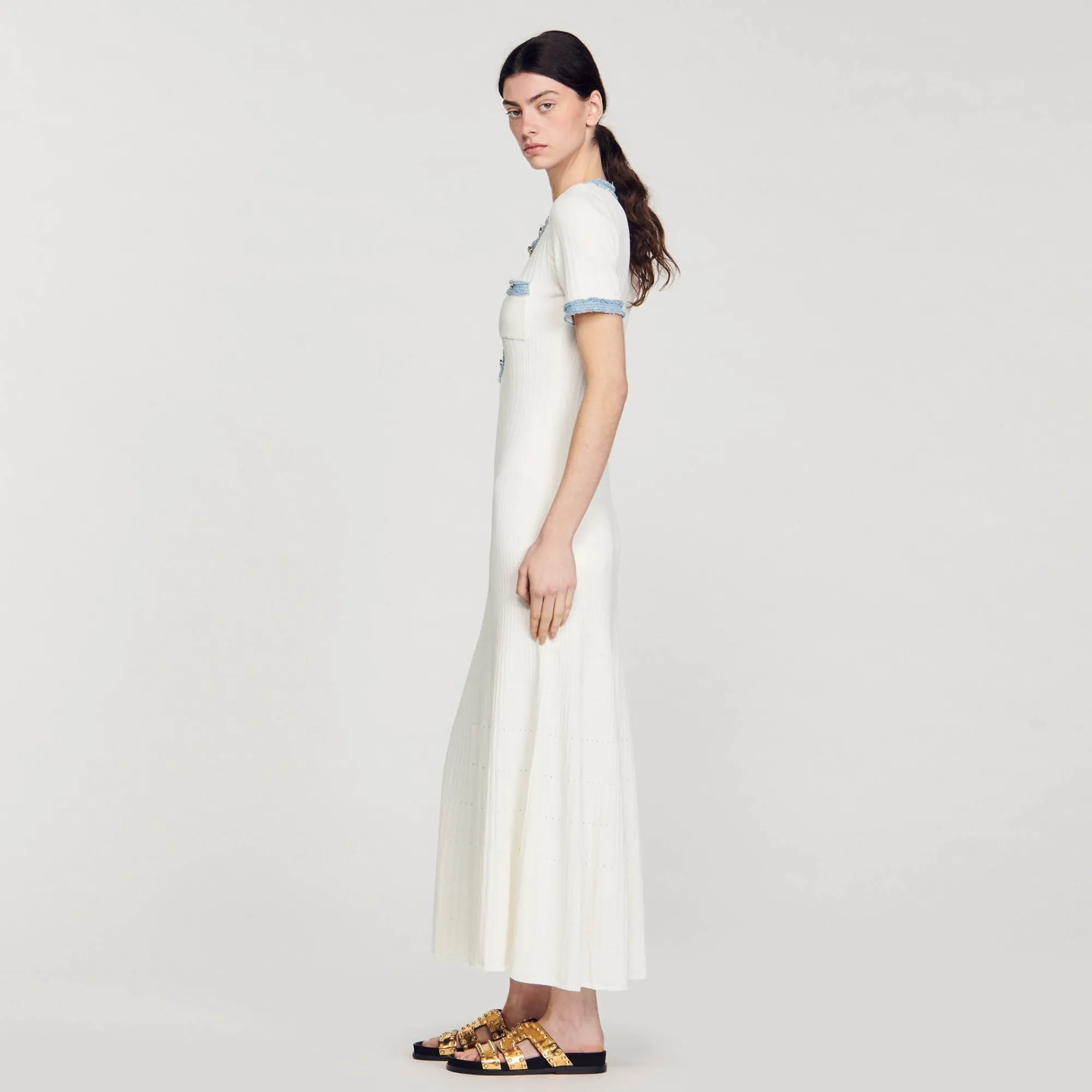 Mulheres Sandro Paris Vestido Midi Em Trico E Jeans