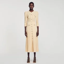 Mulheres Sandro Paris Vestido Midi Tricot Pointelle