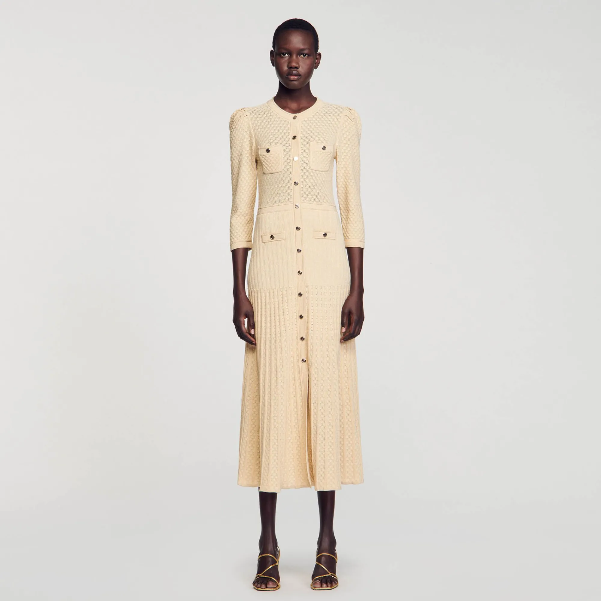 Mulheres Sandro Paris Vestido Midi Tricot Pointelle