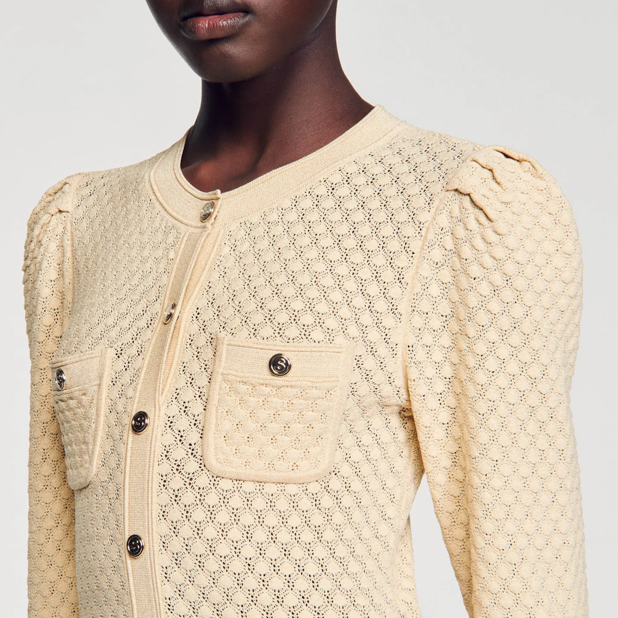 Mulheres Sandro Paris Vestido Midi Tricot Pointelle