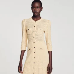 Mulheres Sandro Paris Vestido Midi Tricot Pointelle