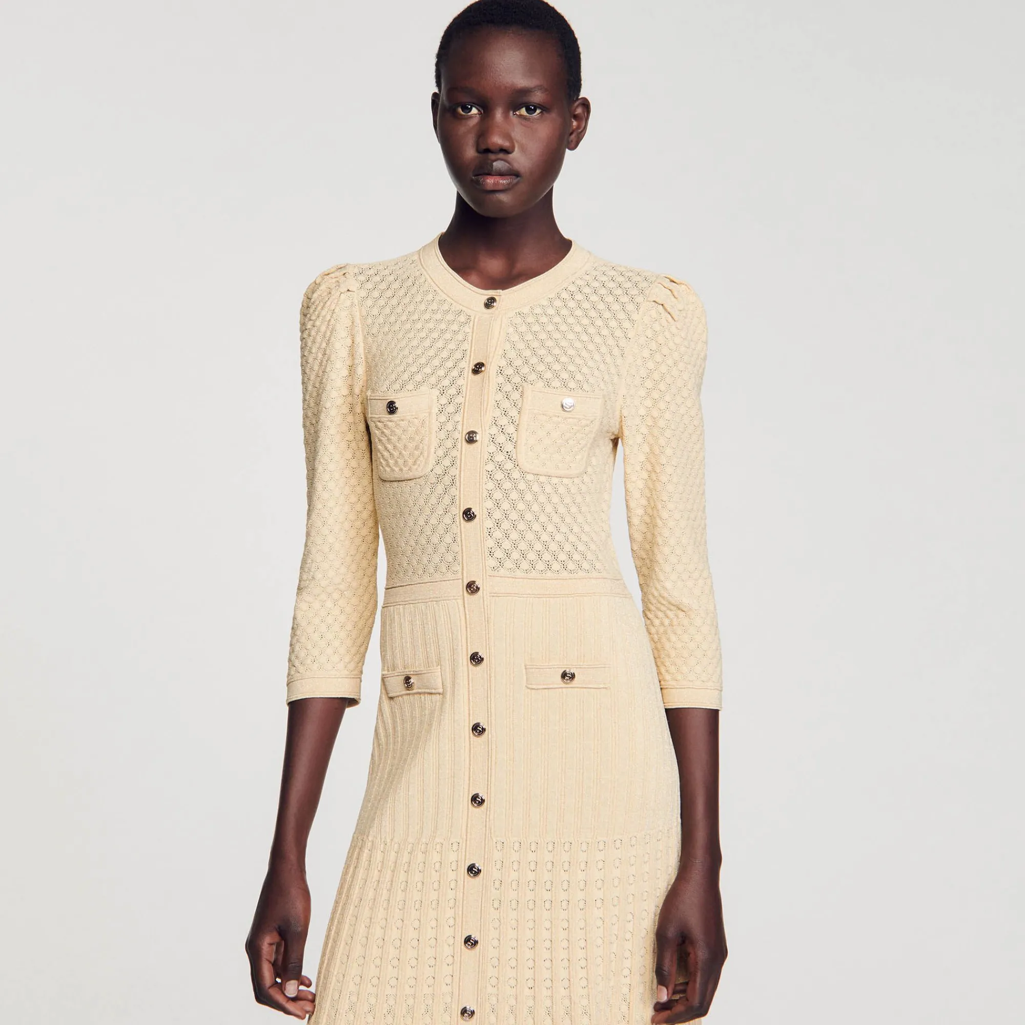 Mulheres Sandro Paris Vestido Midi Tricot Pointelle