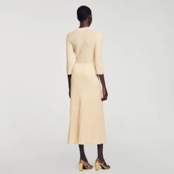 Mulheres Sandro Paris Vestido Midi Tricot Pointelle