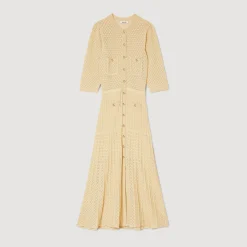 Mulheres Sandro Paris Vestido Midi Tricot Pointelle