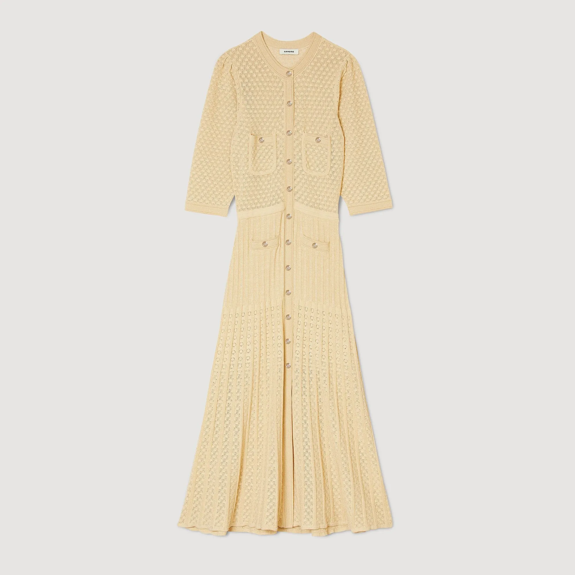Mulheres Sandro Paris Vestido Midi Tricot Pointelle